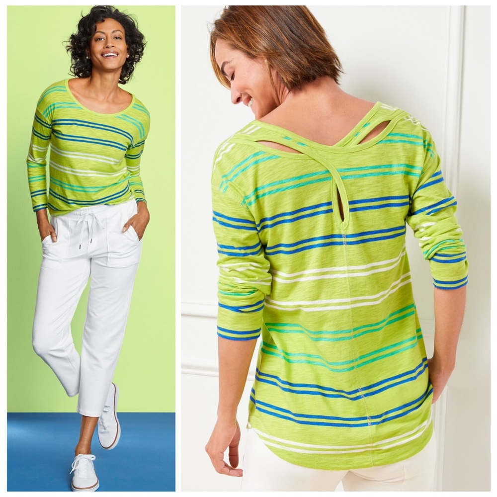 T BY TALBOTS NWT XLP Kiwi Stripe Cross Back Top • Athleisure Cotton Modal Slub